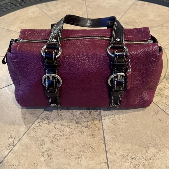 Coach Berry & Brown Leather Zippered Satchel Shoulder Bag - Picture 1 of 9